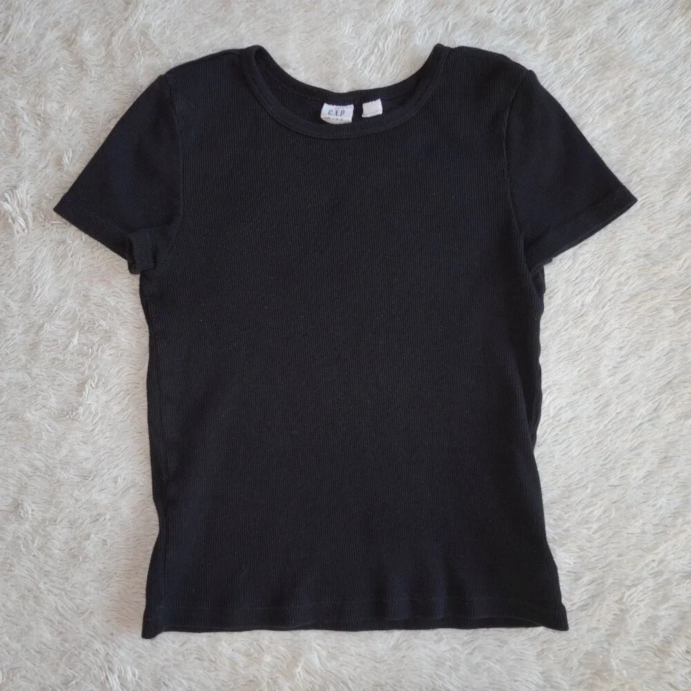 Girls Size XL Gap Kids Black Short Sleeve Ribbed Tee, 100% Cotton, Like New